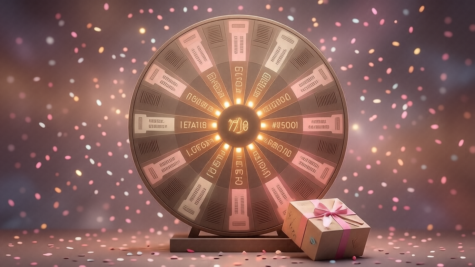Ruleta de sorteo con papeletas, caja de regalo y confeti