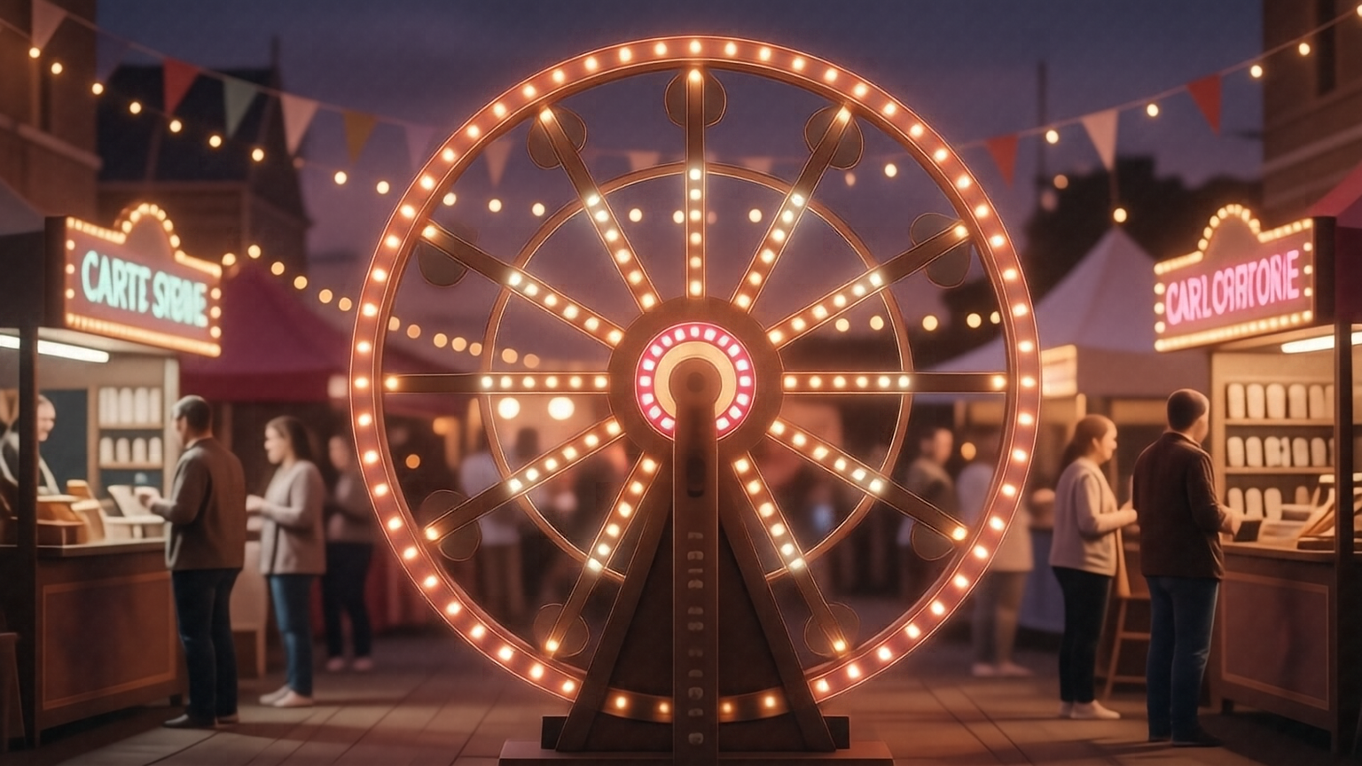 Ruleta de la fortuna vintage de feria con bombillas retro