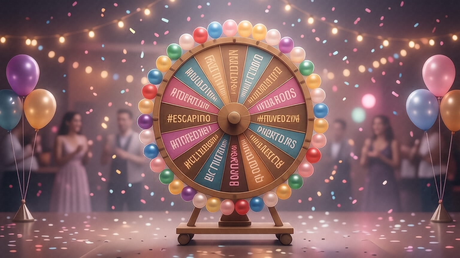 Escena de fiesta con ruleta, globos y confeti