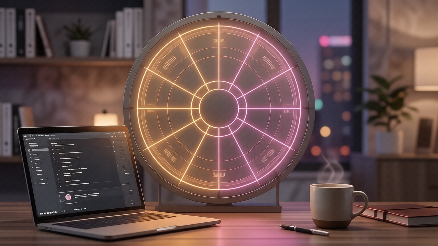 Ruleta de decisiones sobre un escritorio con portátil y café