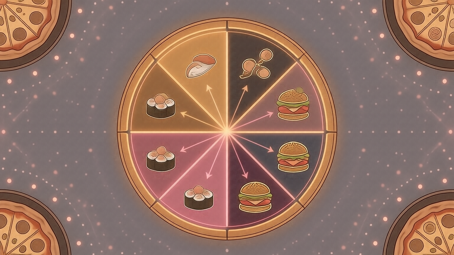 Ruleta de comida rodeada de pizza, sushi y hamburguesa