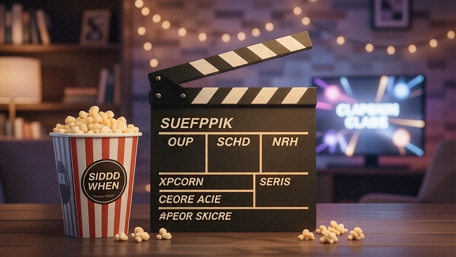 Ruleta con claqueta, palomitas y pantalla de TV brillante